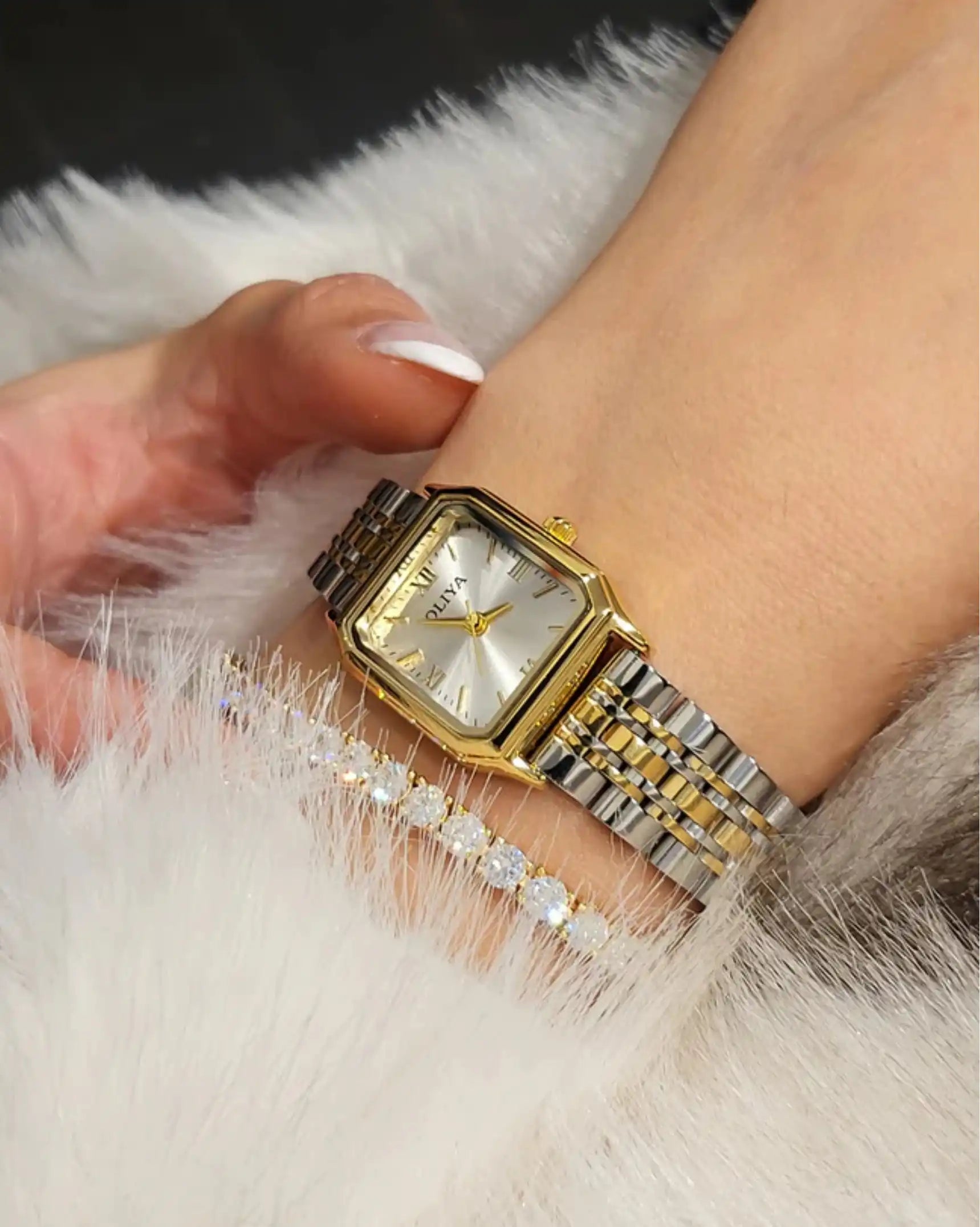 OLIYA Classic Roman Watch Green Dial | Silver & Gold Band