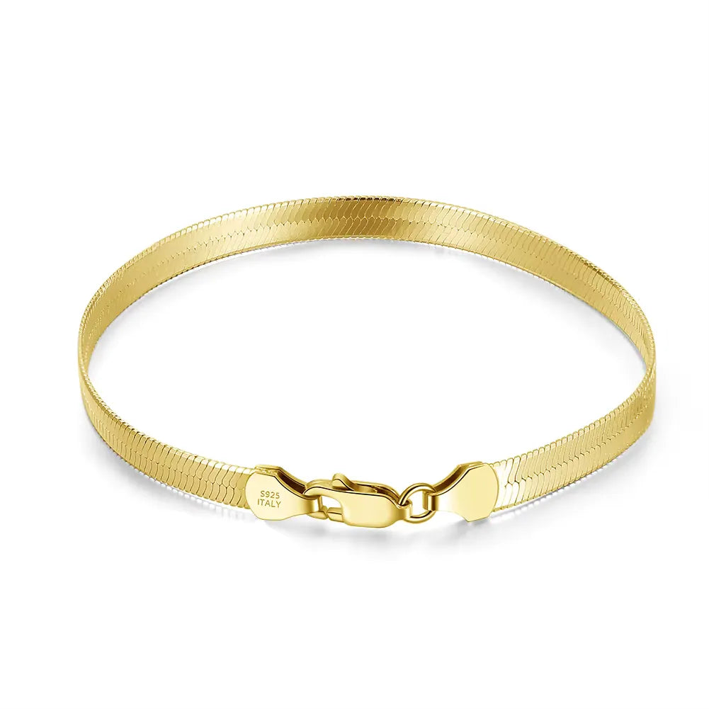 TMB107-18kt Gold plated on 925 Sterling Silver Flexible Flat Herringbone Chain Bracelet