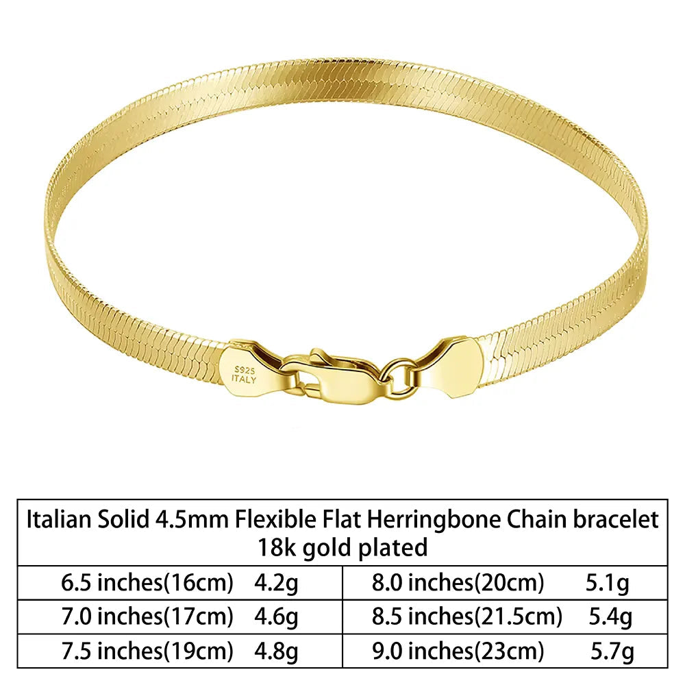 TMB107-18kt Gold plated on 925 Sterling Silver Flexible Flat Herringbone Chain Bracelet