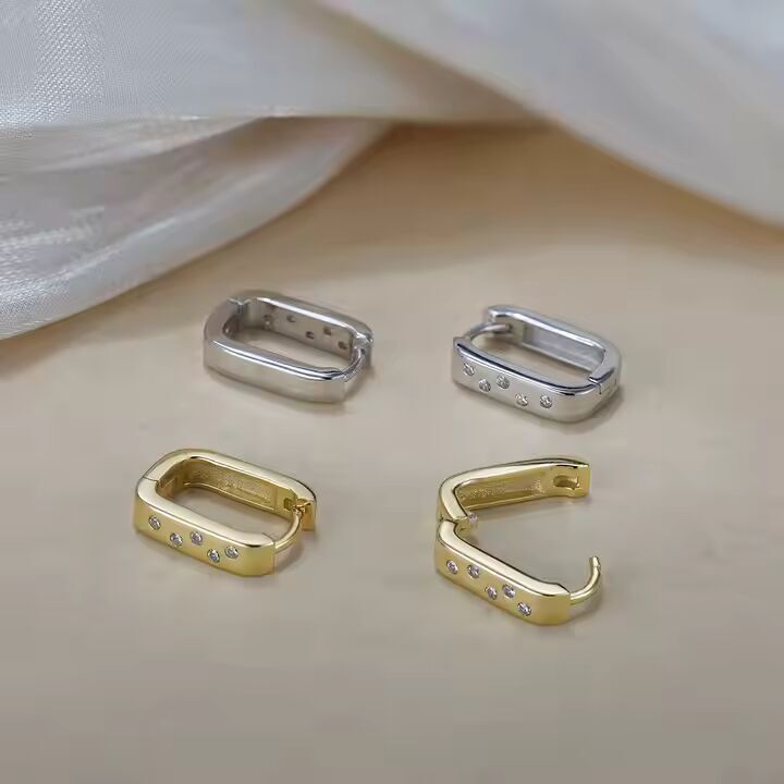 TMAPE147 Sterling Silver Bezel Zircon rectangle Huggie Hoop Earrings