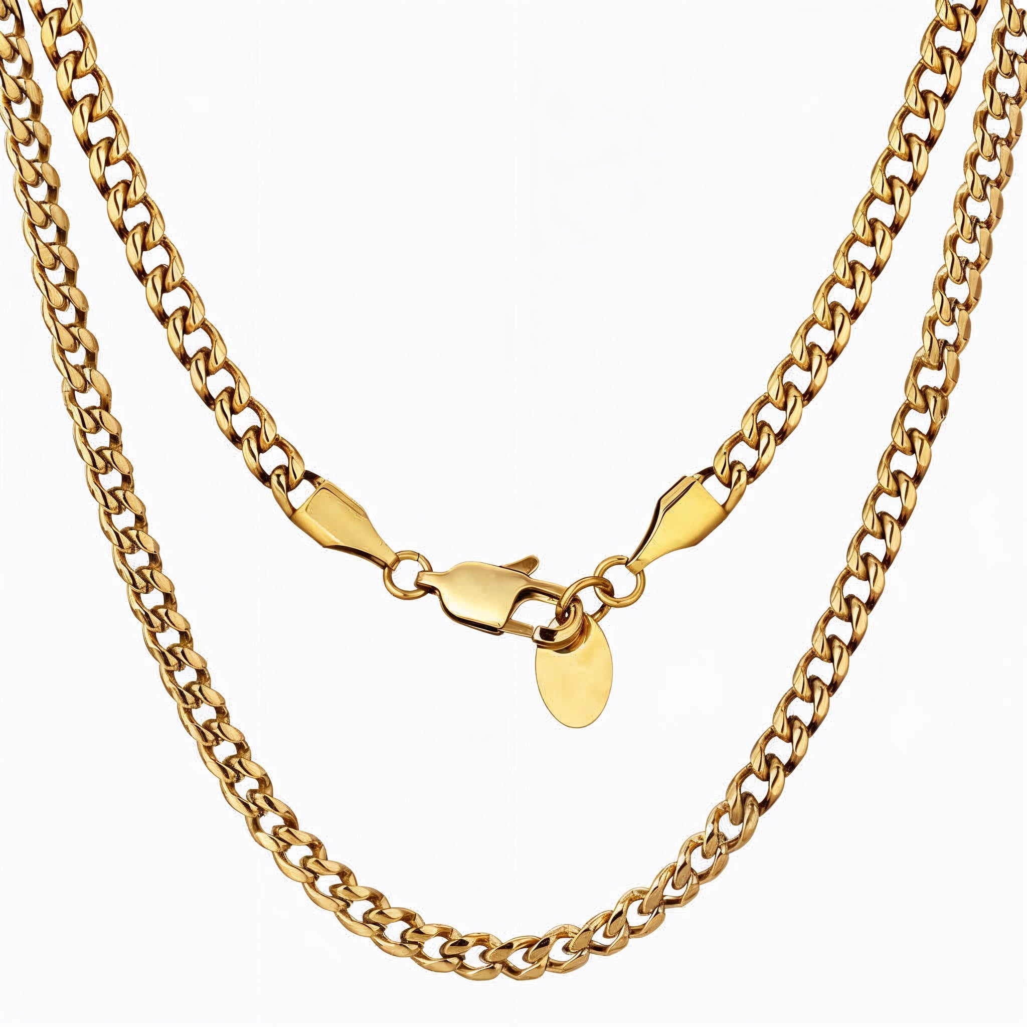 Two gold chains with a clasp on a white background