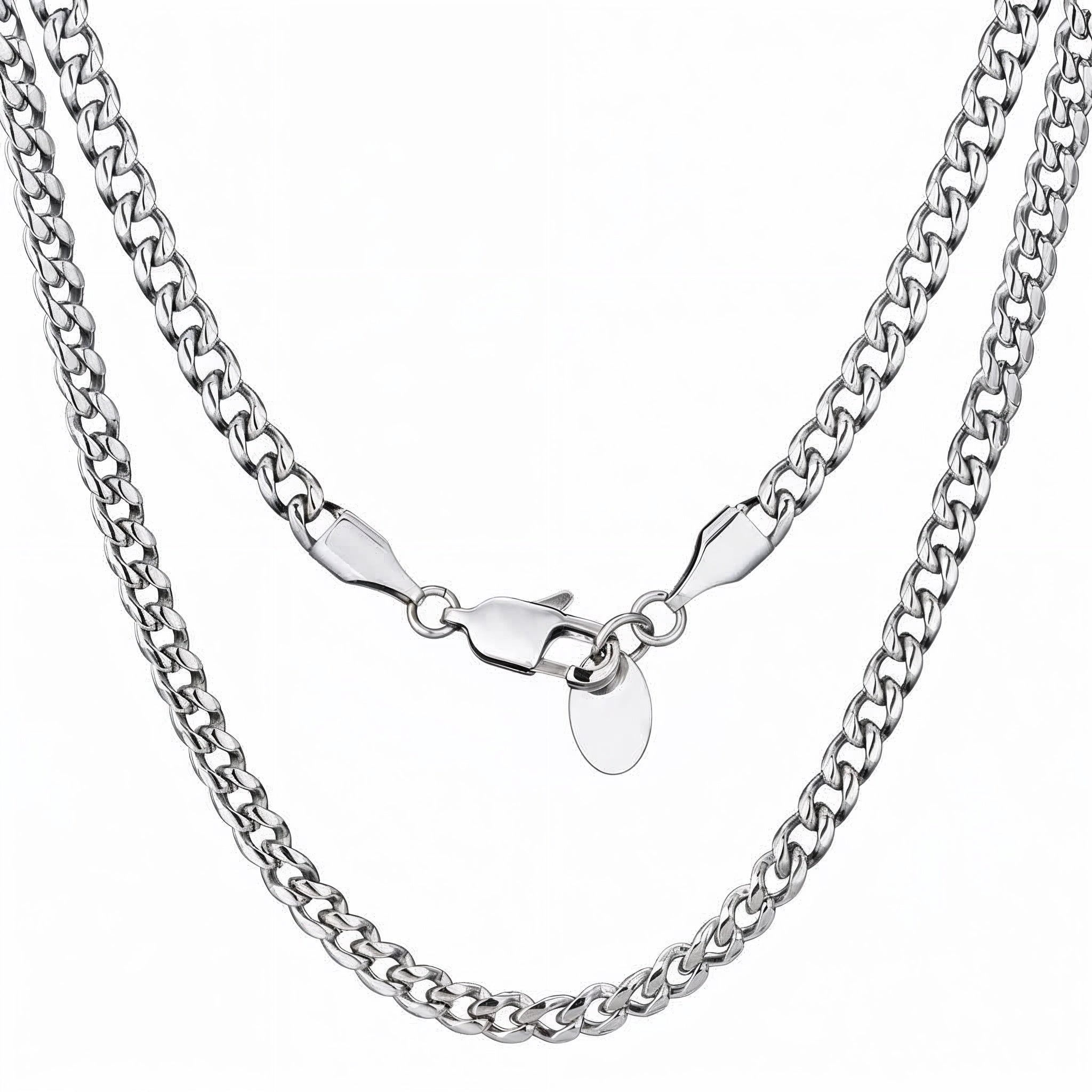 Silver chain necklace on a white background