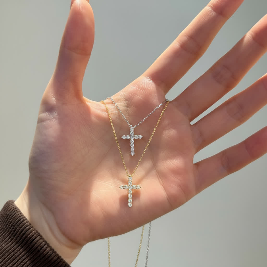 Hand holding two gold necklaces with cross pendants against a neutral background