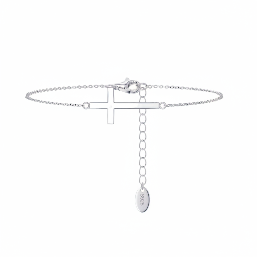 Silver bracelet cross design on a white background, featuring 'Real 925 Sterling Silver' stamp.