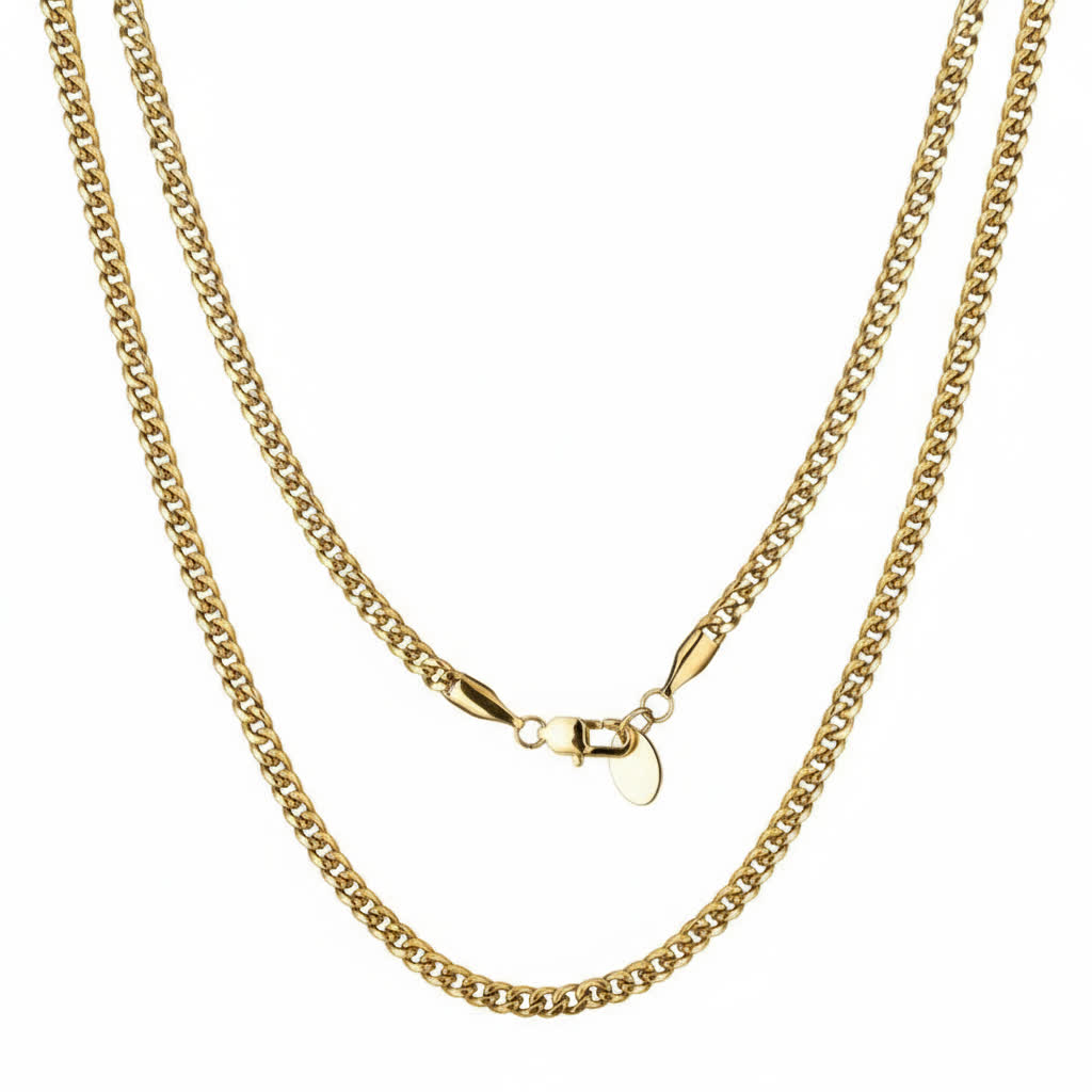 Gold chain necklace on a white background