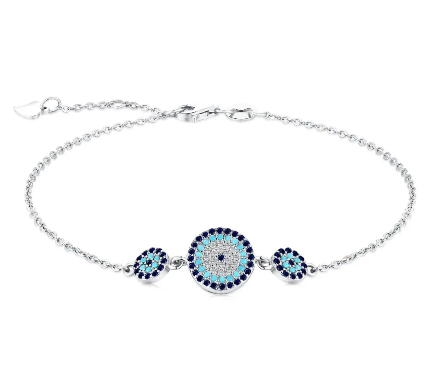 TMB185G Sterling Silver Evil Eye Bracelet with Blue and Turquoise CZ Stones