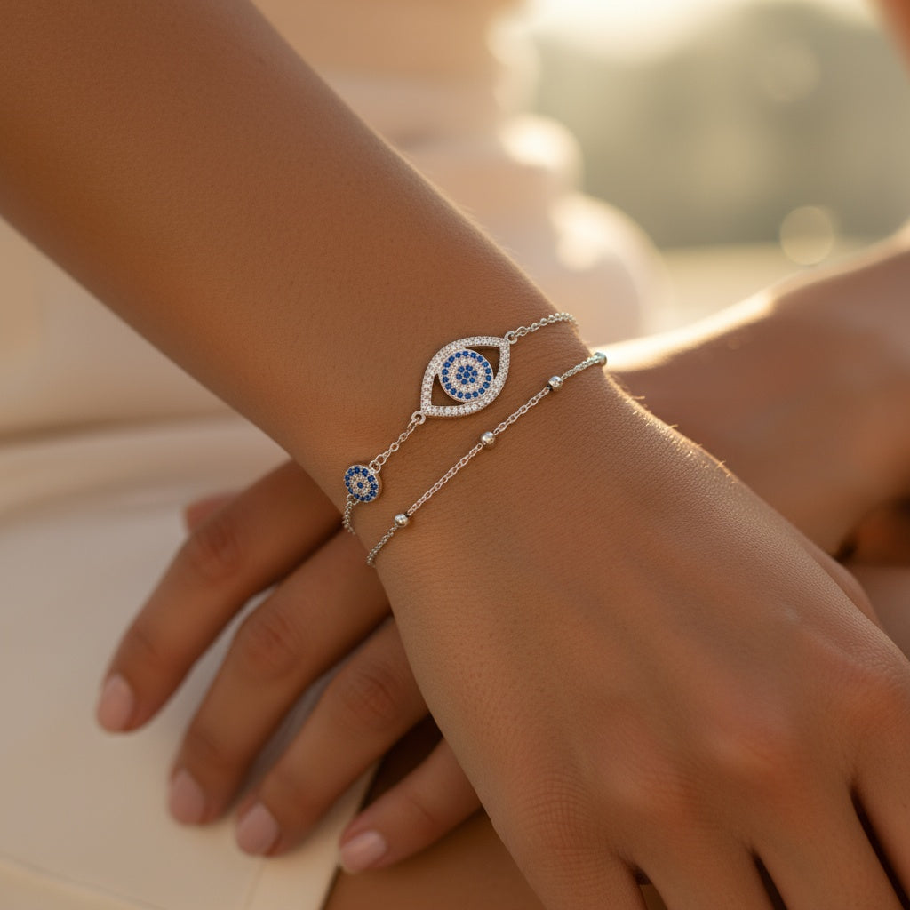 TMB057 sterling silver two charms evil eye bracelet