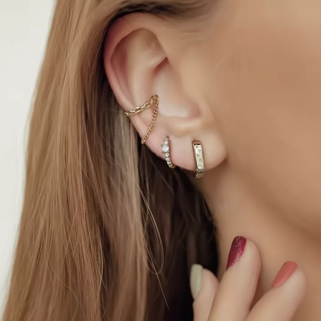 TMAPE147 Sterling Silver Bezel Zircon rectangle Huggie Hoop Earrings