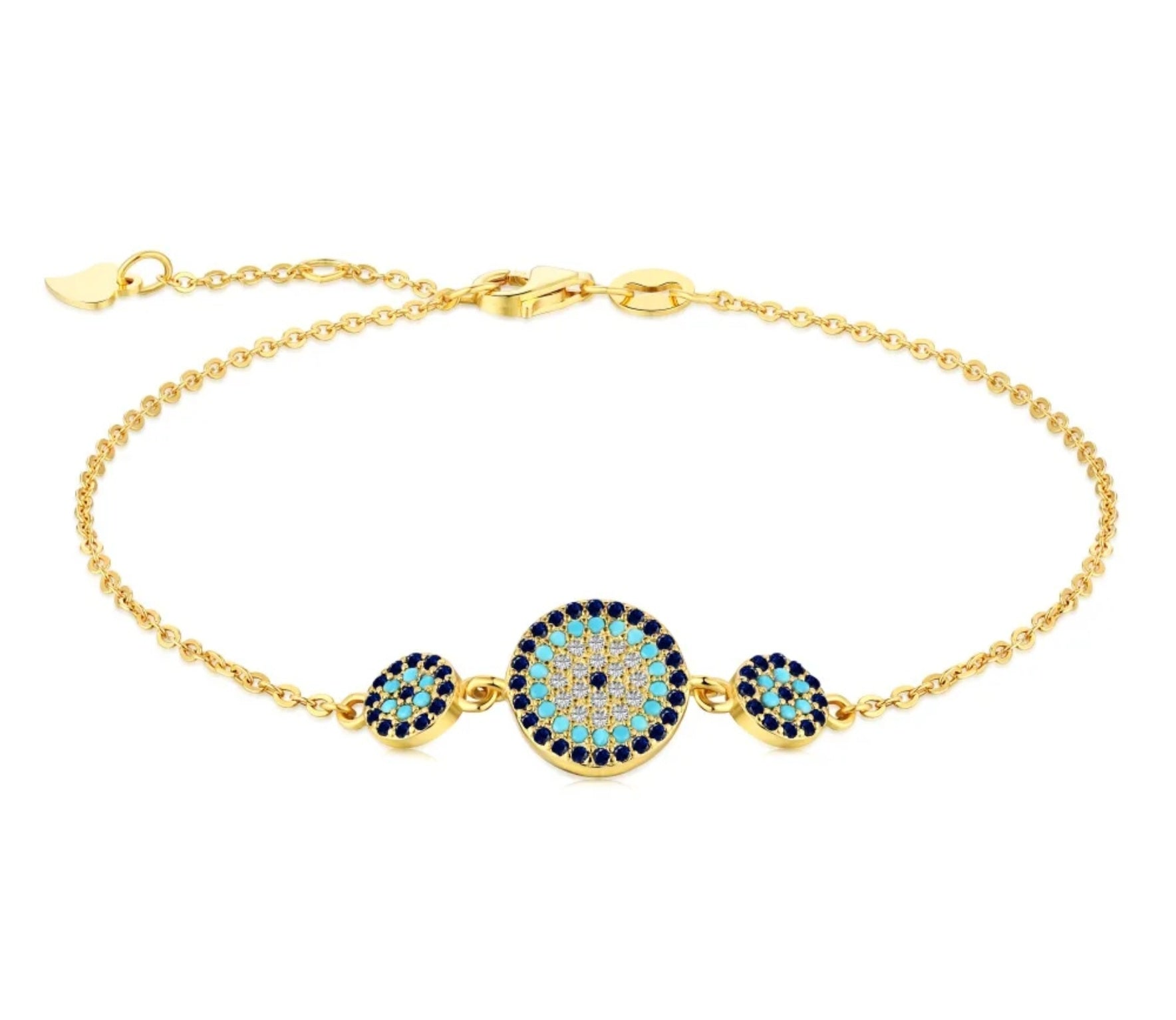 TMB185G Sterling Silver Evil Eye Bracelet with Blue and Turquoise CZ Stones