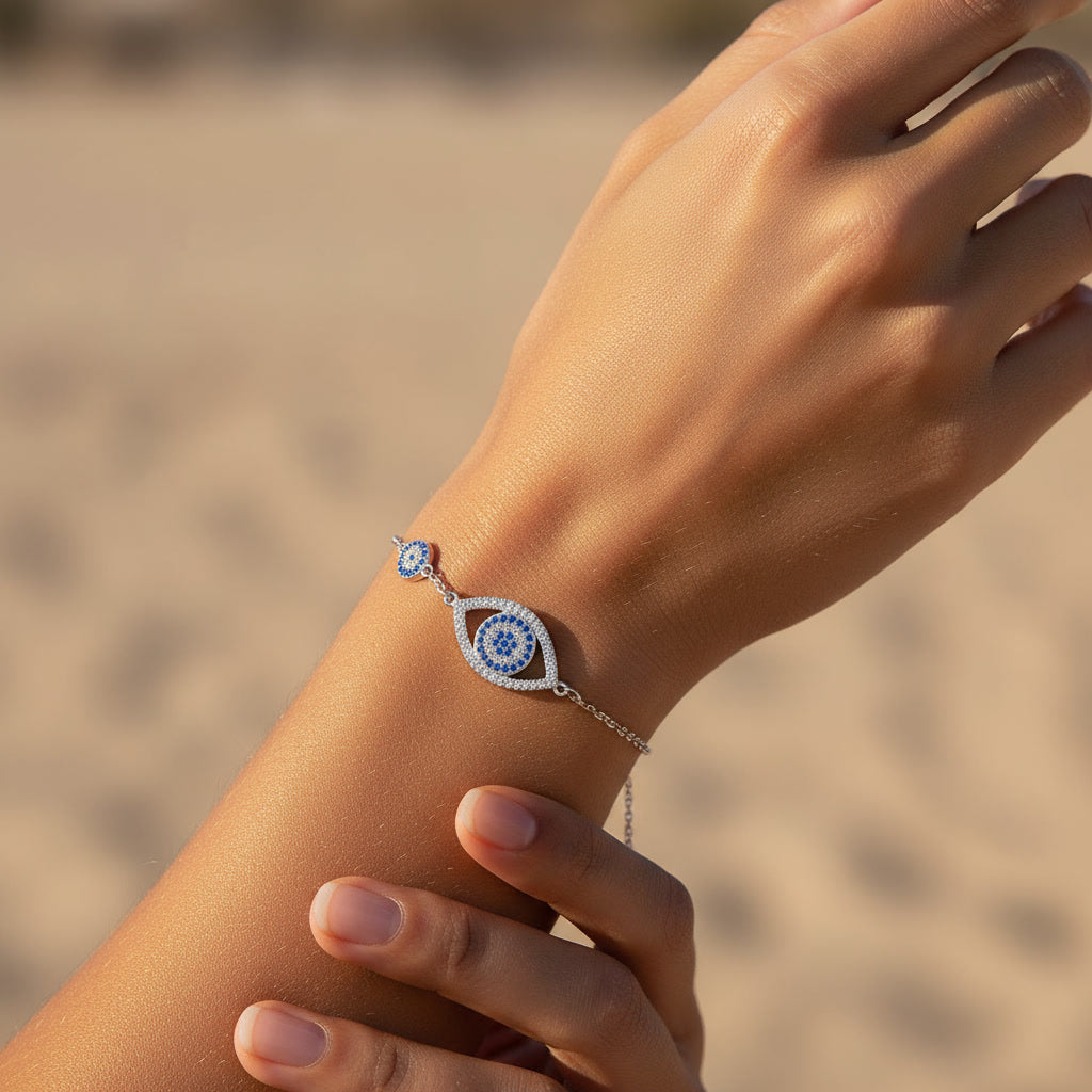 TMB057 sterling silver two charms evil eye bracelet