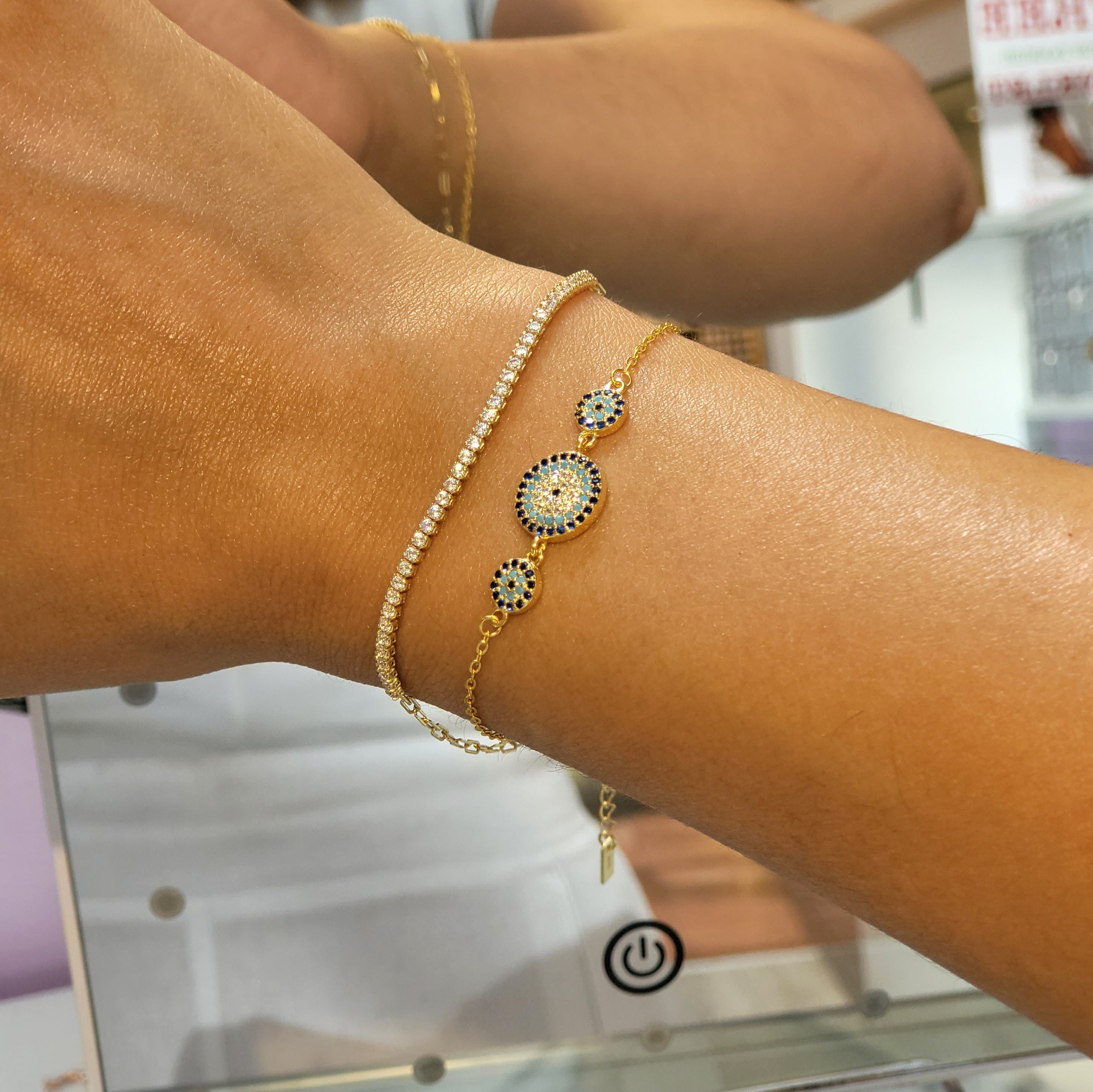 TMB185G Sterling Silver Evil Eye Bracelet with Blue and Turquoise CZ Stones