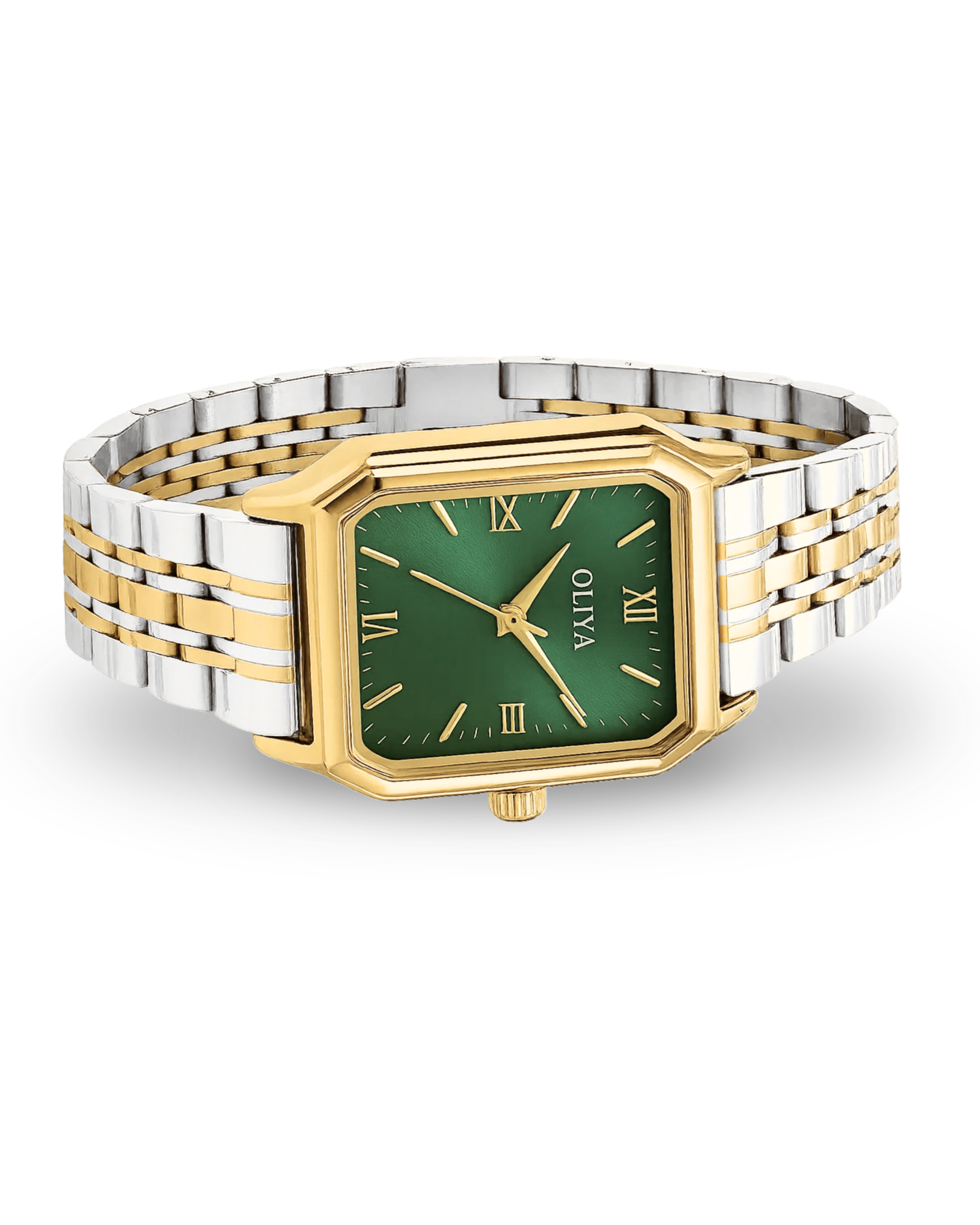OLIYA Classic Roman Watch Green Dial | Silver & Gold Band