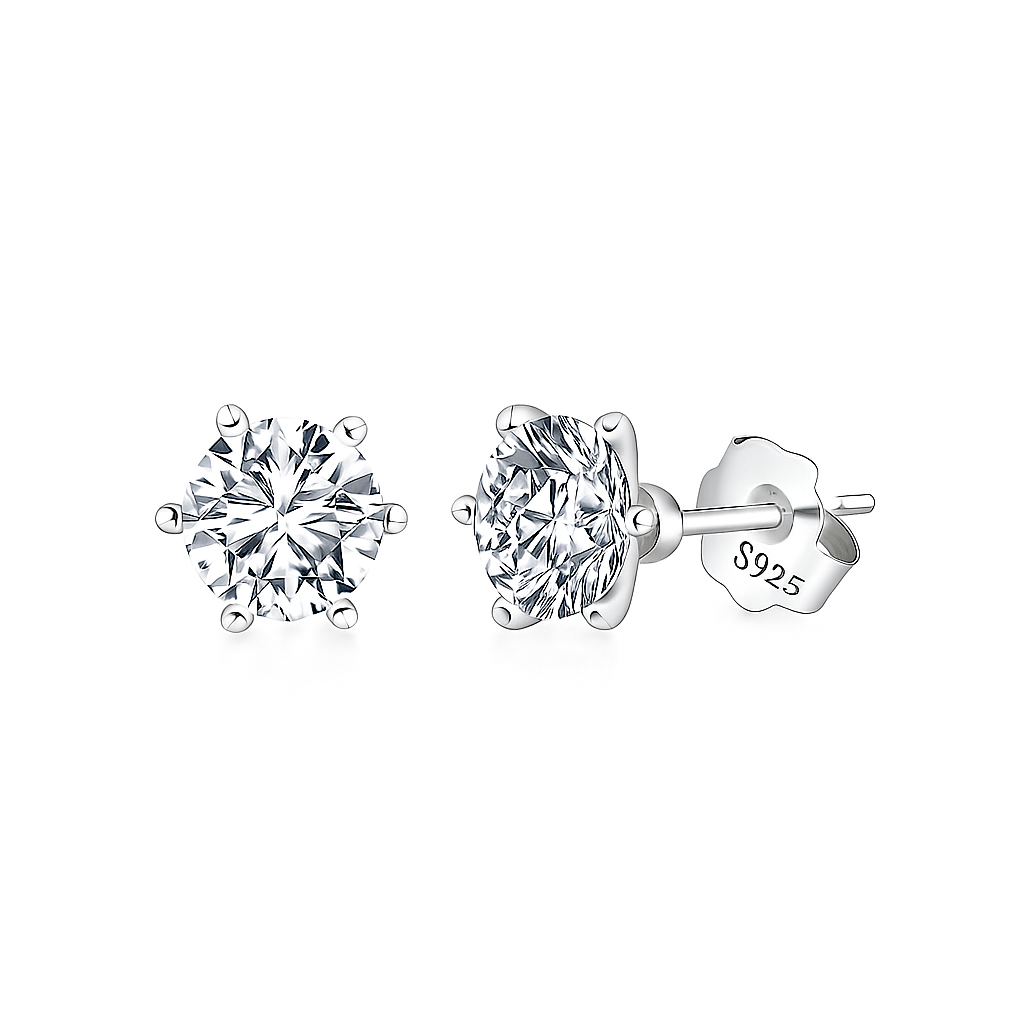 TMLZE07 Sterling Silver Silver Classic 6-Prong  8A Zirconia Round Stud Earrings