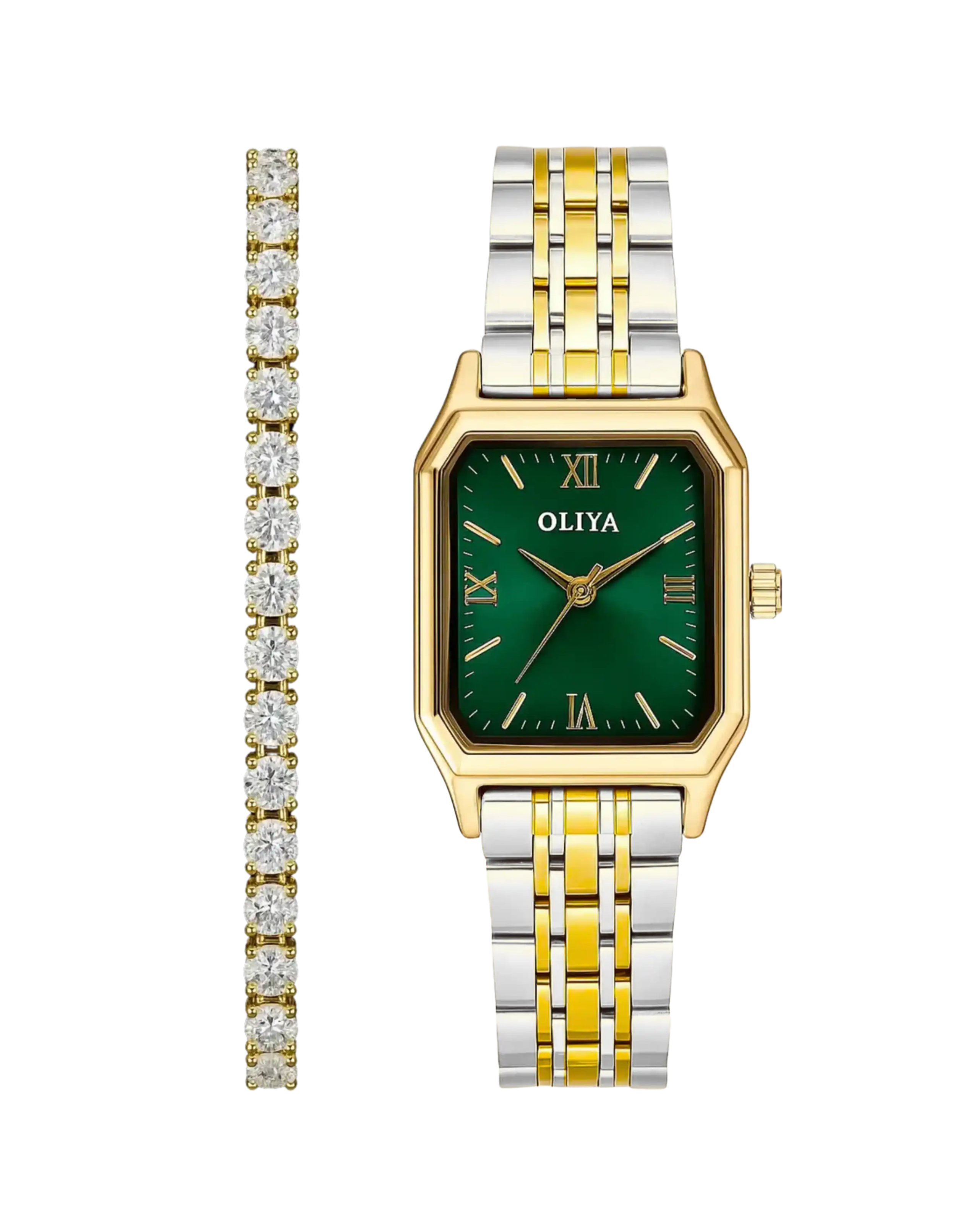 OLIYA Classic Roman Watch Green Dial | Silver & Gold Band