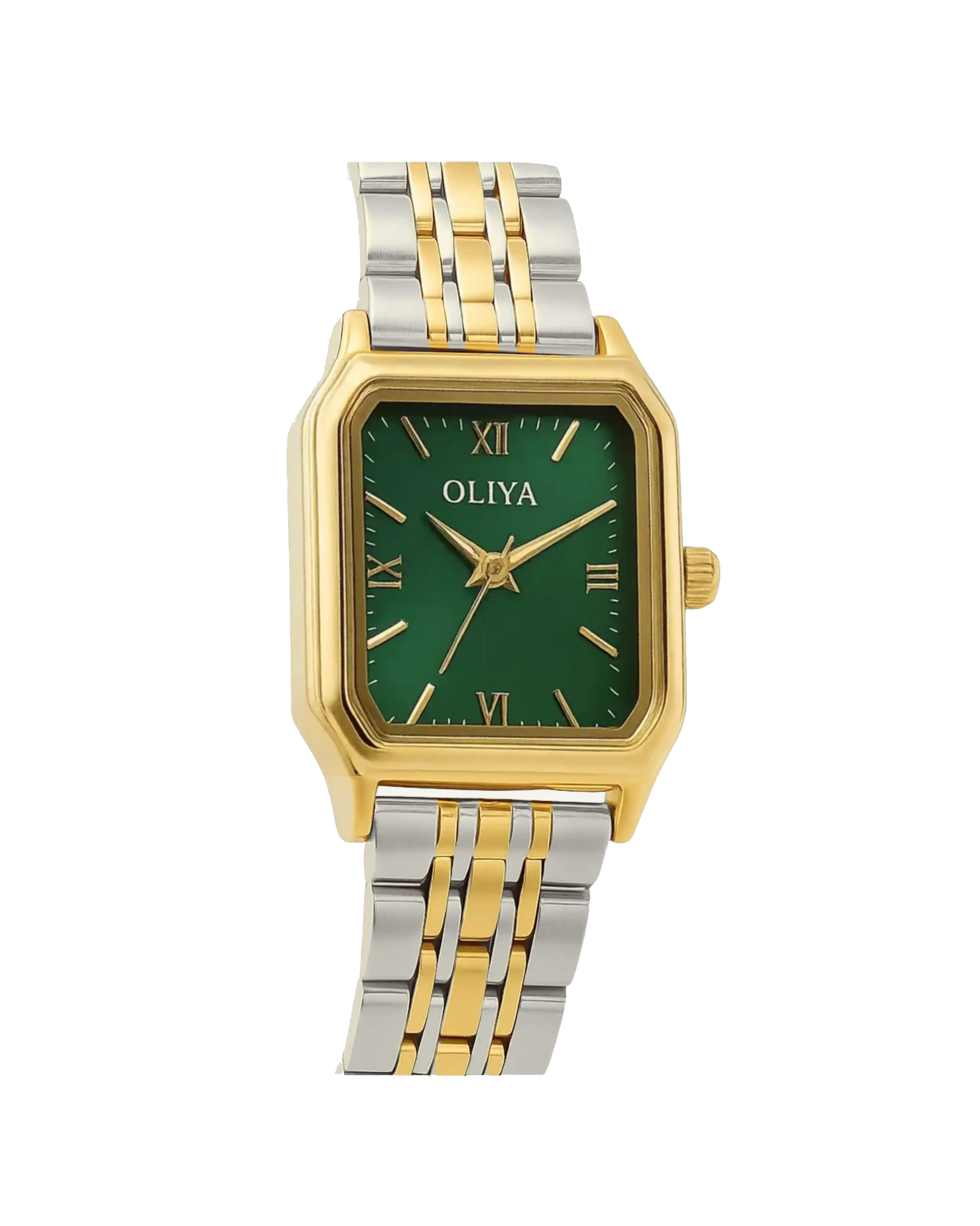 OLIYA Classic Roman Watch Green Dial | Silver & Gold Band