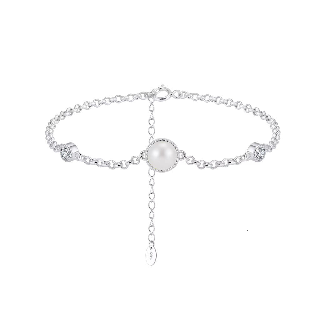 TMB42 925 Silver Pearl Rolo Chain Bracelet