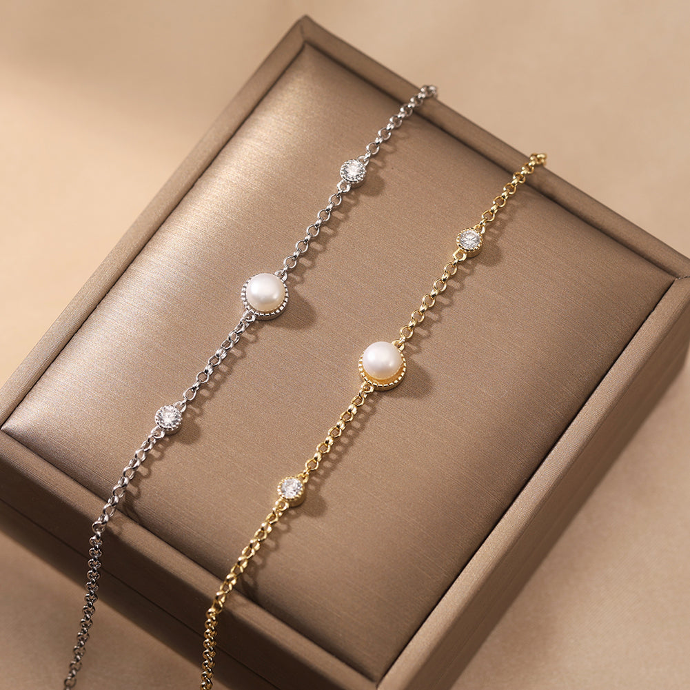 TMB42 925 Silver Pearl Rolo Chain Bracelet