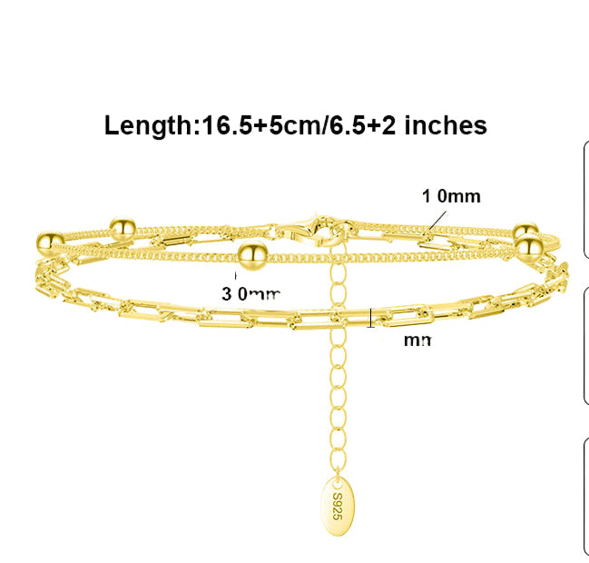 TMB175 925 Silver Double Paper Clip Bracelet, 14K Gold Plated