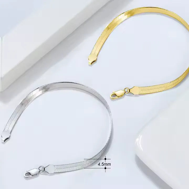 TMB107-18kt Gold plated on 925 Sterling Silver Flexible Flat Herringbone Chain Bracelet