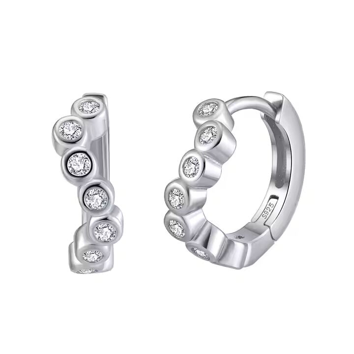 TME142 925 Sterling Silver Bezel Pave Zirconia Huggie Hoop Earrings