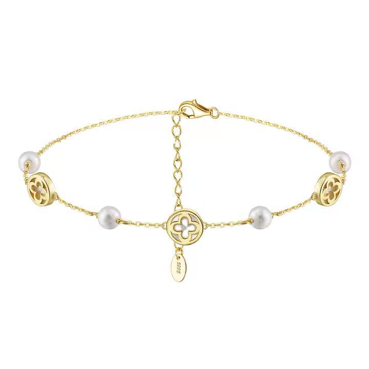 TMGA06 Hollow Four Leaf Clover 925 Silver Pearl Anklet White Gold