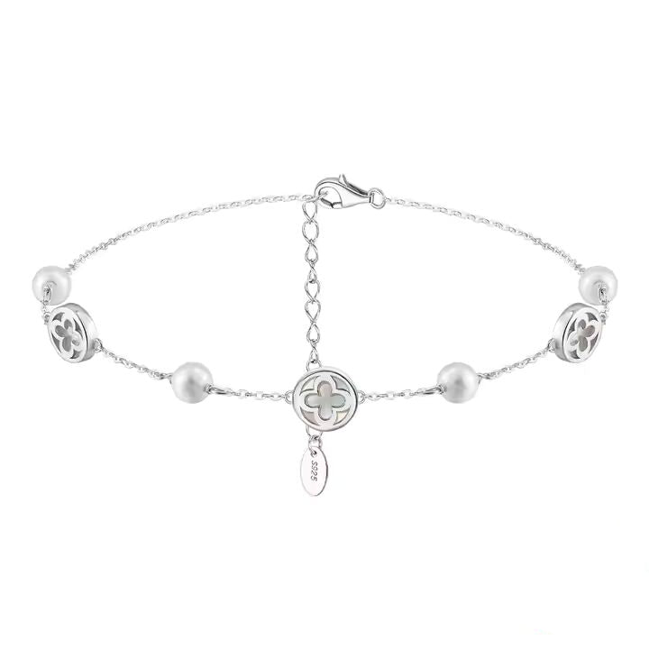 TMGA06 Hollow Four Leaf Clover 925 Silver Pearl Anklet White Gold