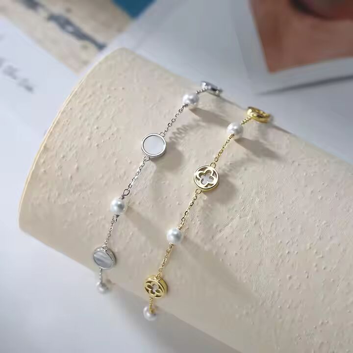 TMGA06 Hollow Four Leaf Clover 925 Silver Pearl Anklet White Gold