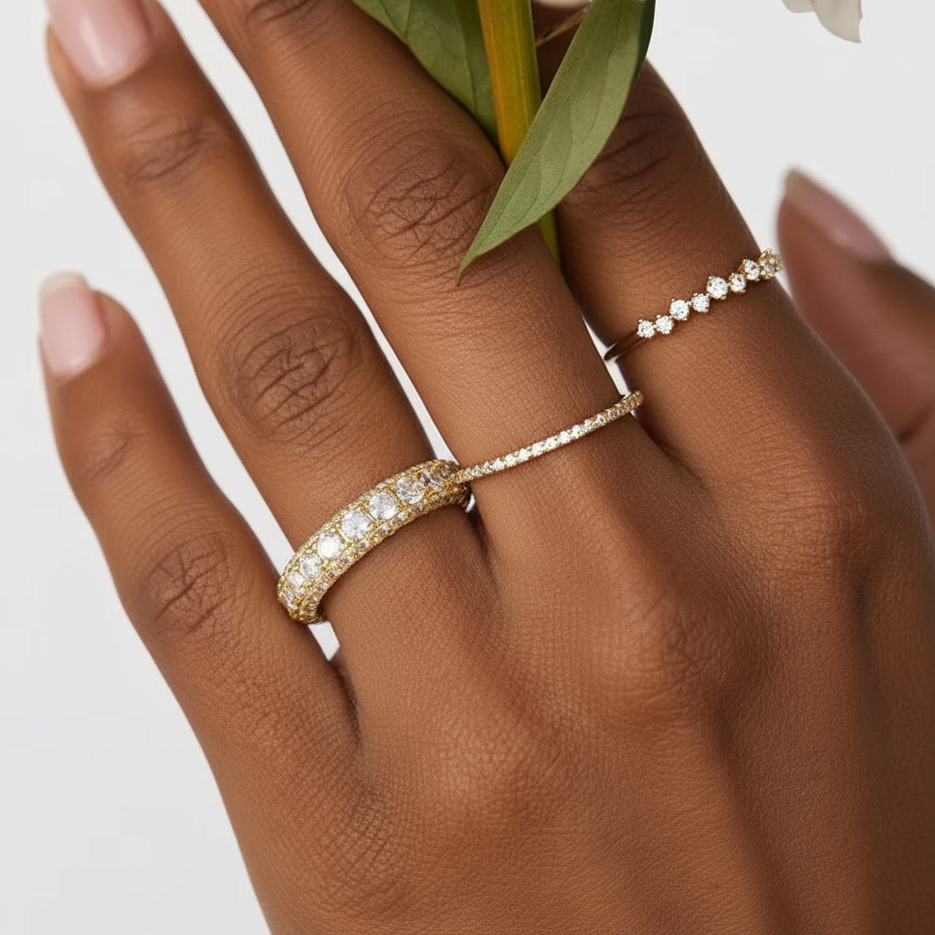 TMN321 Gold or Rhodium Plated 925 Sterling Silver Triple Row cubic zirconia Eternity Ring